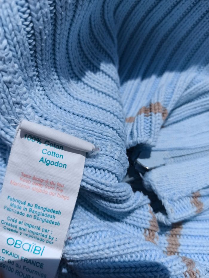 Pull gilet zippé bleu pâle clair pastel obaibi 100% cotton 3 ans - photo numéro 4