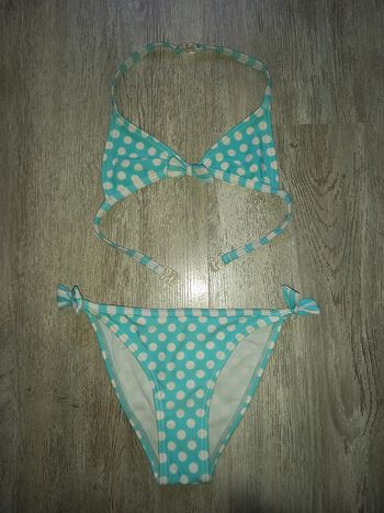 maillot de bain 2 pièces turquoise pois blanc taille 3/4 ans
