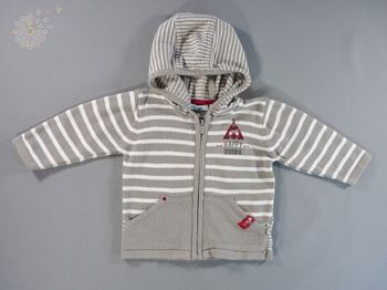 Gilet cardigan zippé capuche tricot fin gris blanc rayé tipi Obaïbi 6 mois 67 cm garçon