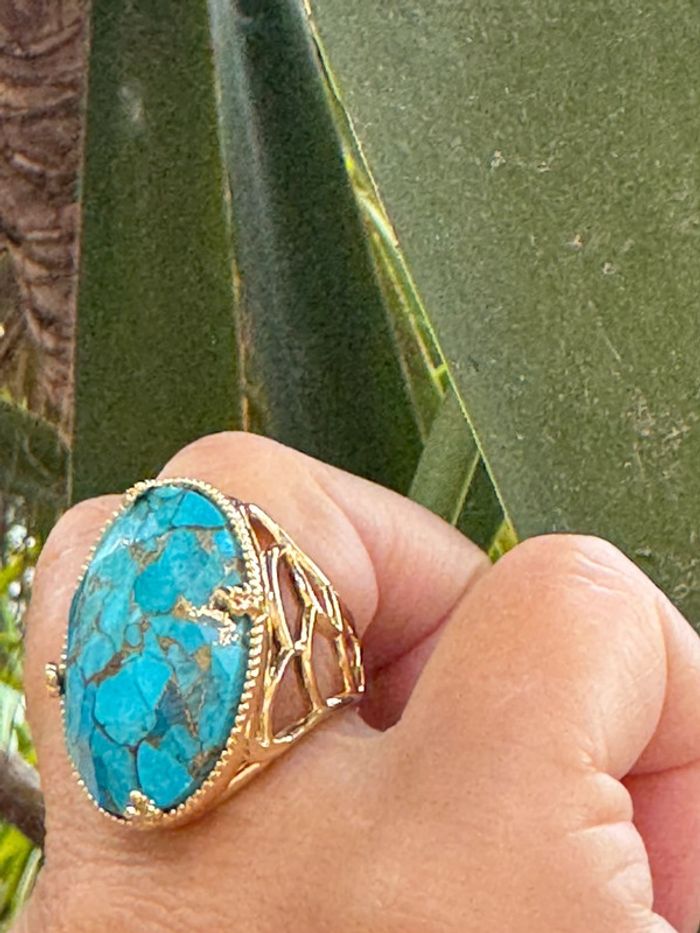 Grosse bague habaha Paris acier inoxydable or travaillées réglable grosse pierre turquoise - photo numéro 5