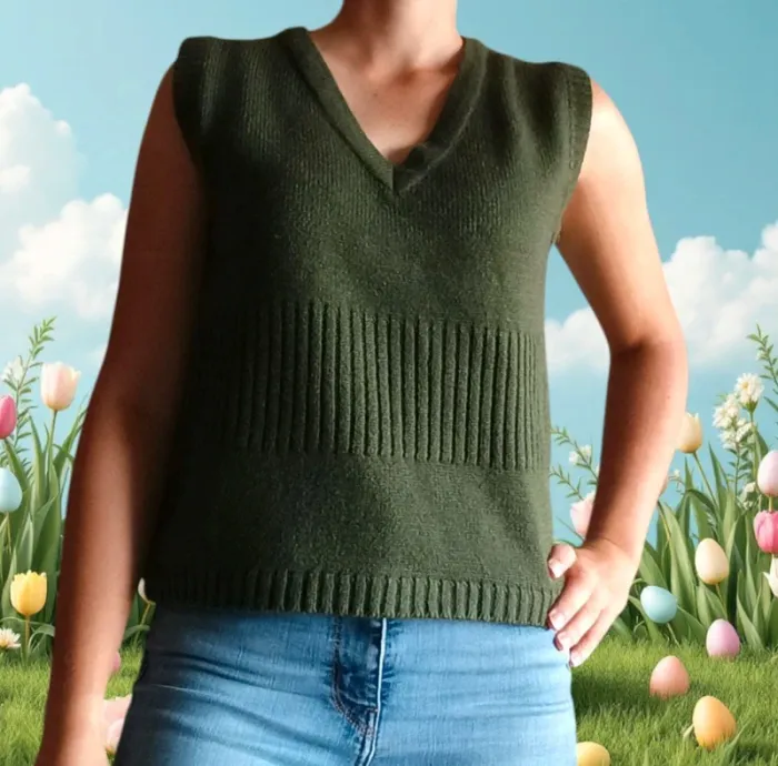 Pull en maille vintage col v sans manches vert/kaki taille 38