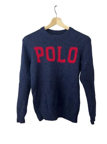Pull col rond ralph lauren marine laine POLO qr code taille S 667F