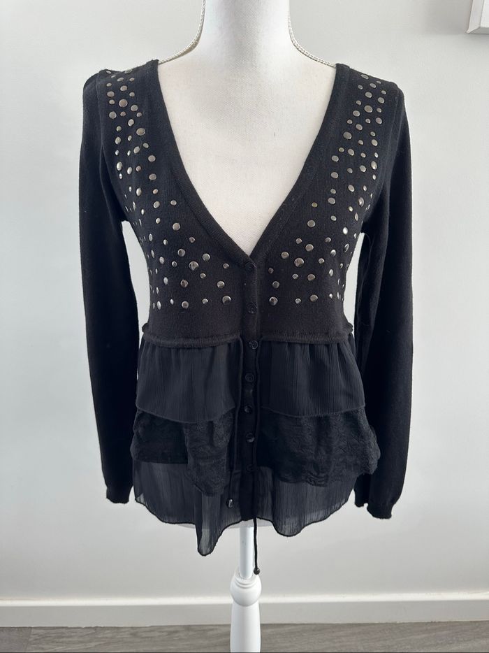 Cardigan blouse noir et argenté clous mesh dentelle Morgan T38 M