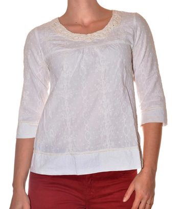 Blouse blanche crème unie brodée à manches 3/4 col rond taille S