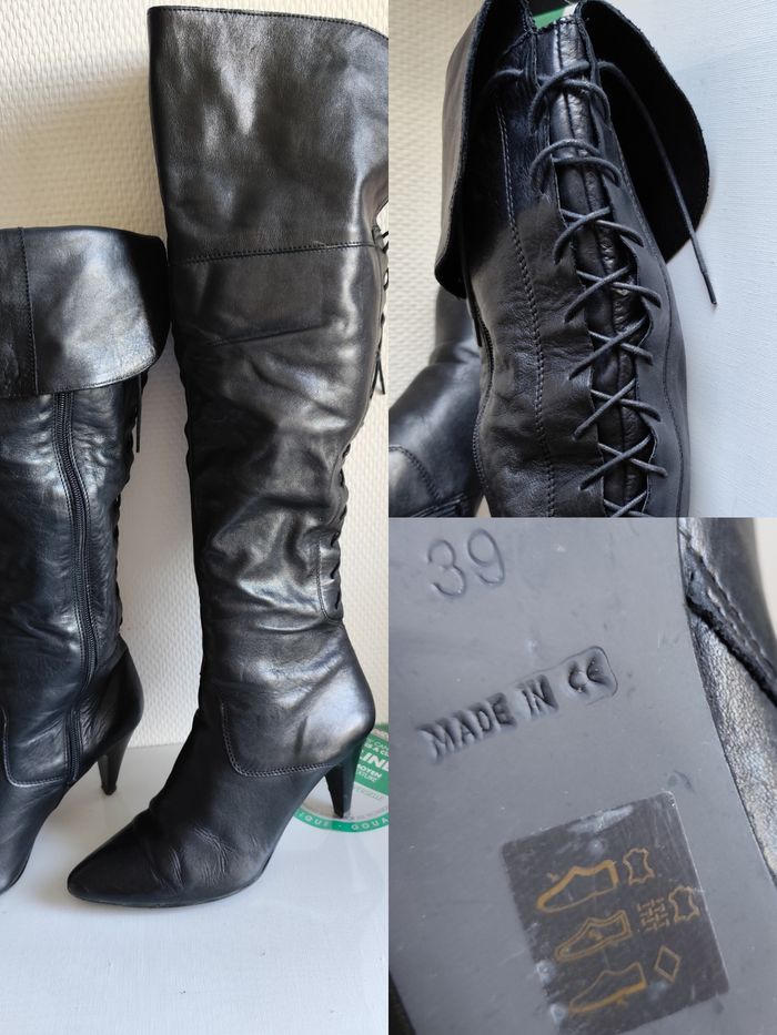 Bottes hautes cavalier ou cuissardes pointure 39 en cuir noir talon 7.5cm