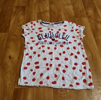 t-shirt blanc à pois rouge inscription en sequins bleu Mango taille 11/12ans