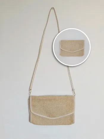 Pochette bandoulière détachable paille beige 80-90 vintage - 26×18cm