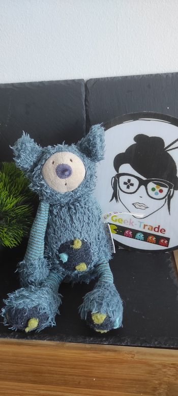 Doudou ours Baba le Koala bleu Les Zazous moulin roty peluche rayé pois poils