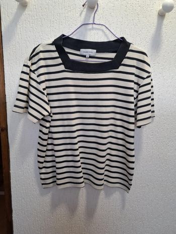 Beau tee-shirt femme Escale Nautic M marin col carré contrastant 100 % coton très bon état