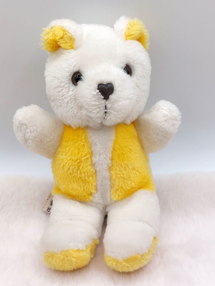 Peluche ancien doudou ours blanc jaune Van de Walle 20 cm nez coeur Vintage - photo numéro 2