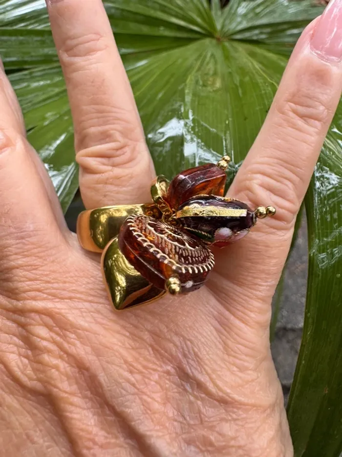 Grosse bague multi cœurs perles , pierres acier inoxydable or porcelaine habaha Paris - photo numéro 10