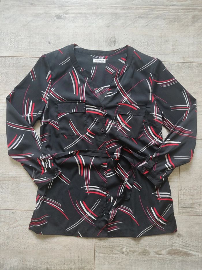 Blouse manches longues boutonnée noire motifs graphiques ceinture à nouer taille 44 Damart - photo numéro 9