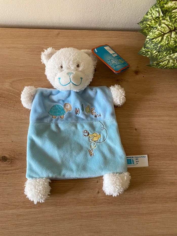 Doudou plat ours bleu blanc hide and seek tortue brodée tex neuf