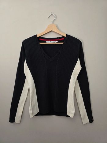 Pull Tommy Hilfiger col V noir et blanc rayé M / chic casual léger