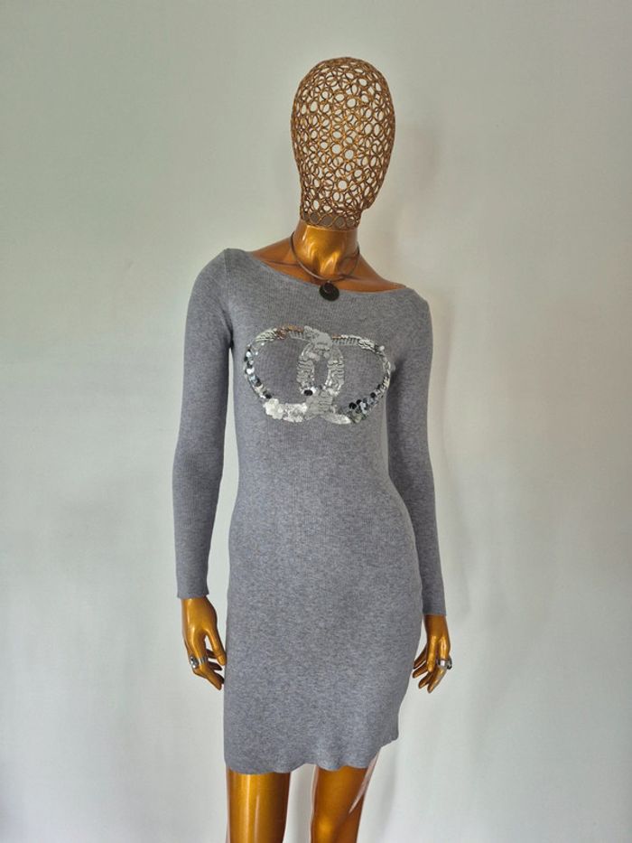 Robe Manches Longues Femme Grise avec Strass Taille Unique