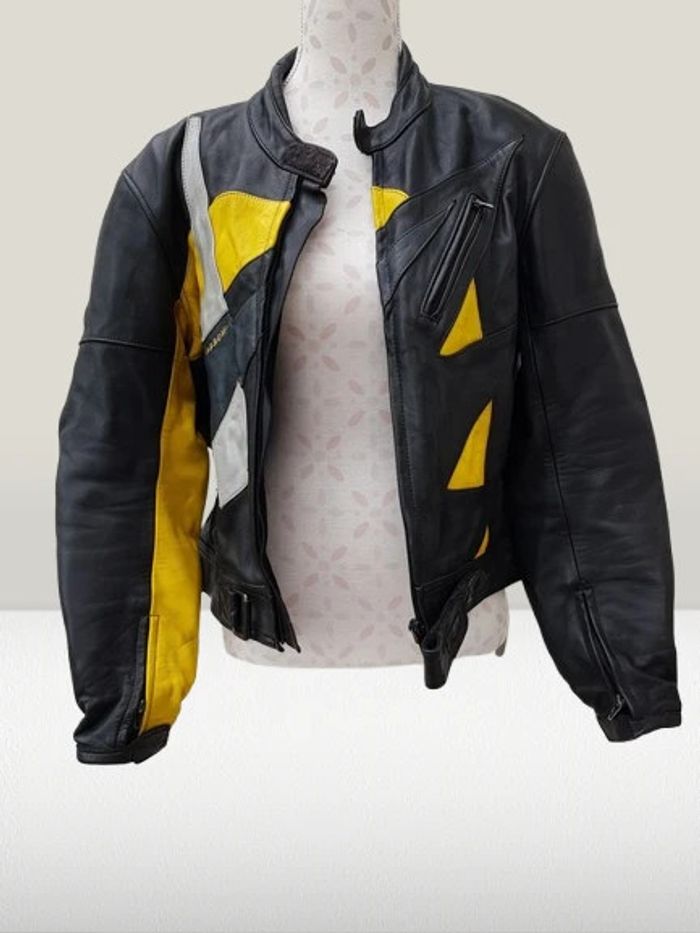 Blouson Moto Cuir Noir Jaune Argenté Avec Protections - photo numéro 5