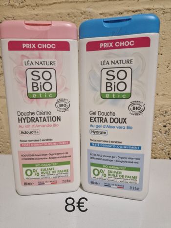 Lot de 2 gel douche so'bio etic lait d'amande douce 650ml et gel d'aloe vera 650ml