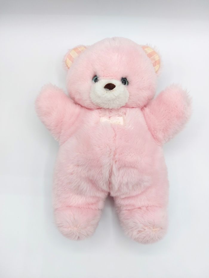 Ancien doudou peluche ours rose TARTINE ET CHOCOLAT VINTAGE 30 cm yeux bleus dur rayures
