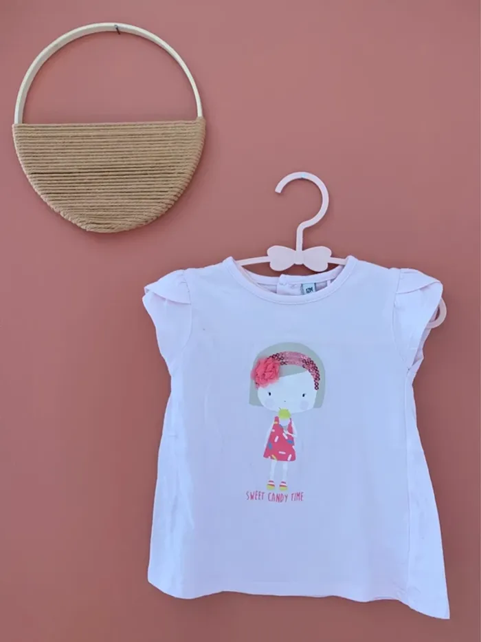 T-shirt fille - 12 mois - blanc à motif