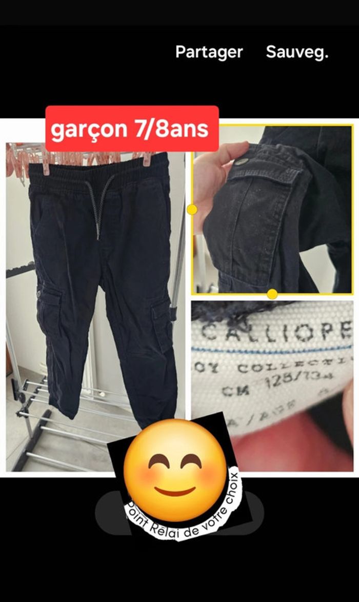 Pantalon type cargo noir calliope 7/8 ans garçon