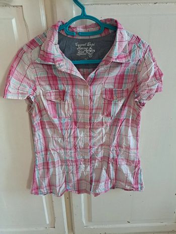 Chemise cintrée manche courte à carreaux rose et bleu 42