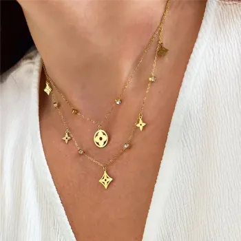 Collier double chaîne + longues boucles d’oreilles dorées