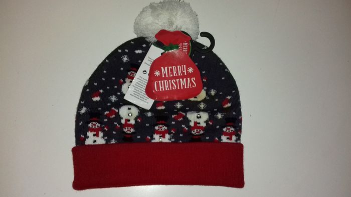 Bonnet de Noël avec pompon - Merry Christmas bonhommes de neige - T.U - Neuf
