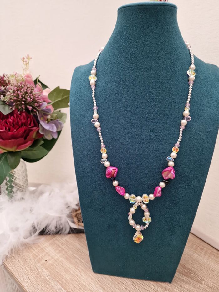 Collier Sautoir Perles Nacrées Perles Cristal Perles Coquillage Fushia - photo numéro 6