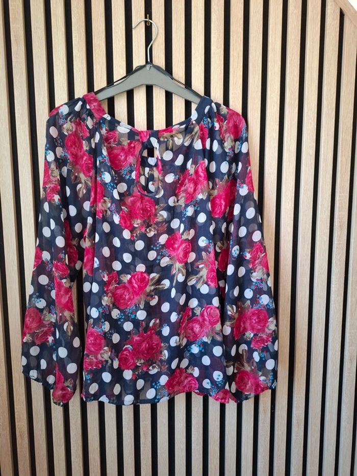 Haut blouse fluide fleurie bleu marine ,rose et blanc.T46 - photo numéro 8
