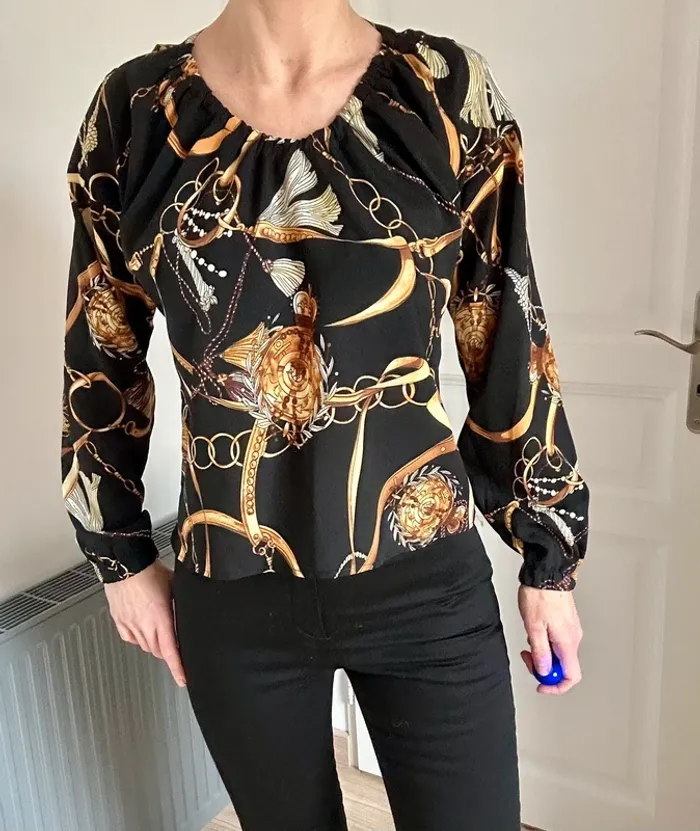 Blouse noire manches longues motif jaune moutarde T36 (S) - photo numéro 5