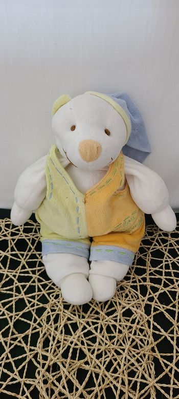 Doudou ours Fripon salopette orange verte DOUDOU ET COMPAGNIE