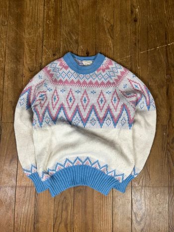 Pull vintage maille laine motifs rayures multicolore brodé Made in France XS