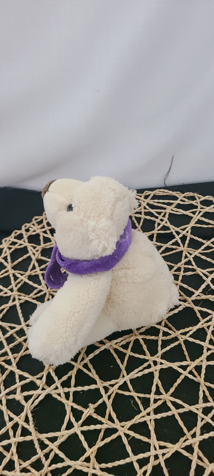 Doudou Ours GIPSY Blanc Polaire Echarpe Violet Mauve Peluche 13 Cm Assis - photo numéro 3