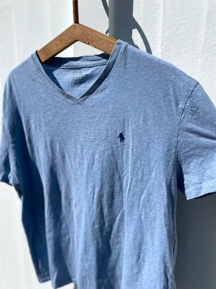 V-neck T-shirt Ralph Lauren short sleeves blue black logo mens M - photo numéro 5
