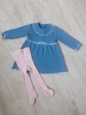 Ensemble robe bleue et collants roses 3 mois