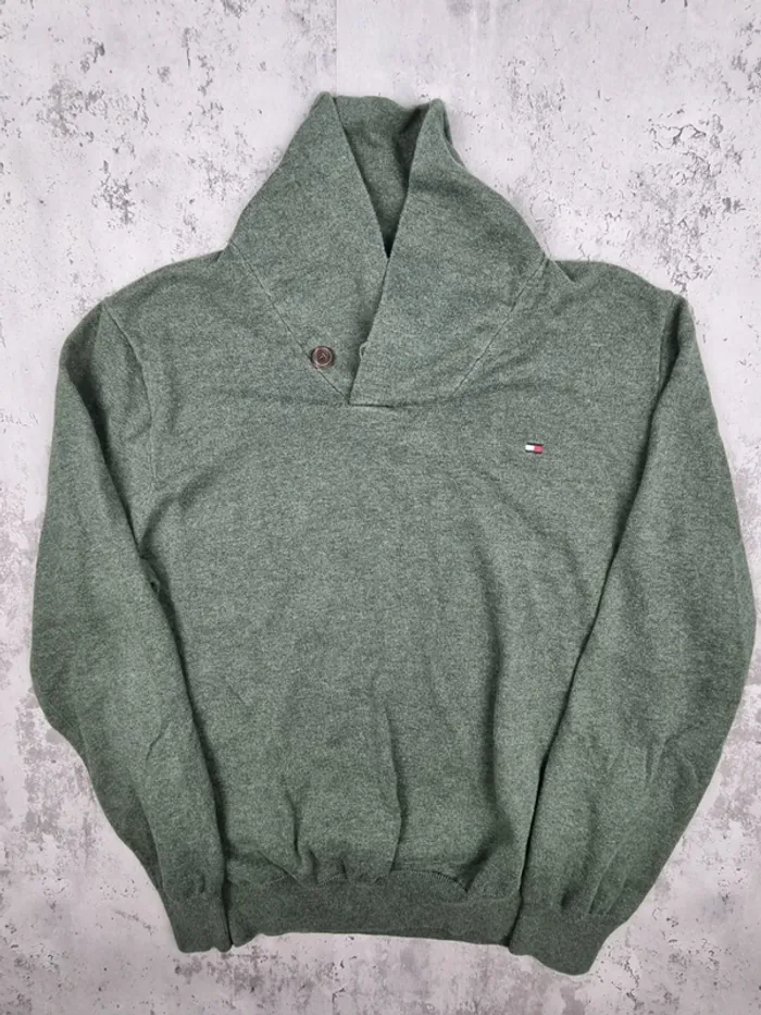 Pull fin col châle Tommy Hilfiger vert – Taille M Homme (mesures en photos) - photo numéro 3