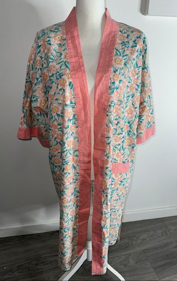 Peignoir kimono à fleurs rose corail et vert Vintage T38/40 M/L