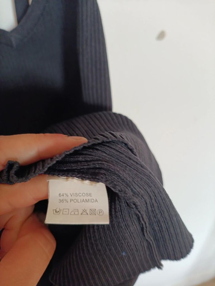 Haut noir côtelé col polo croisé dos – Yes Bon S/M vintage old school rétro - photo numéro 4