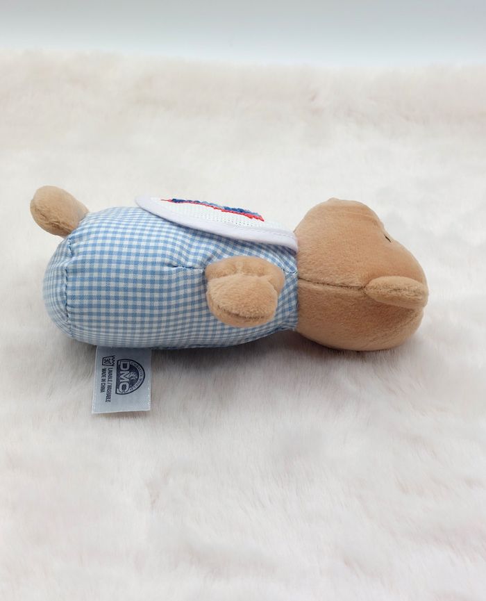 Petite peluche doudou ours ourson beige marron DMC carreaux vichy bleu blanc - photo numéro 4