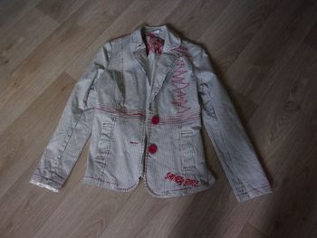 Veste LULU H blanche rayée noire décos rouges taille 38 TBE