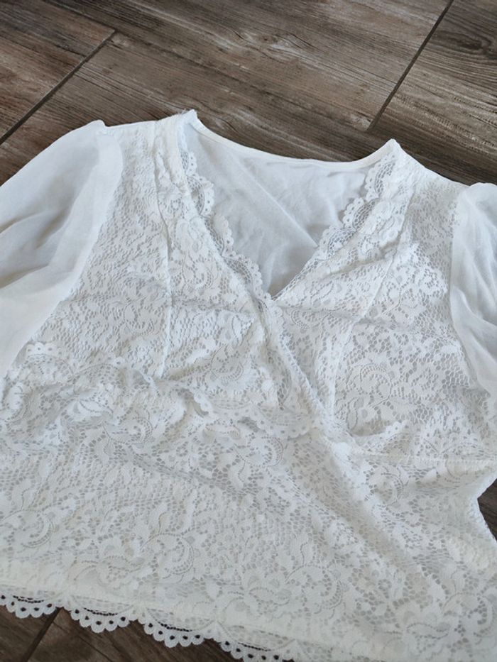 Haut court blanc imitation dentelle et manche transparente Shein/Frenchy Taille L (40/42) - photo numéro 2