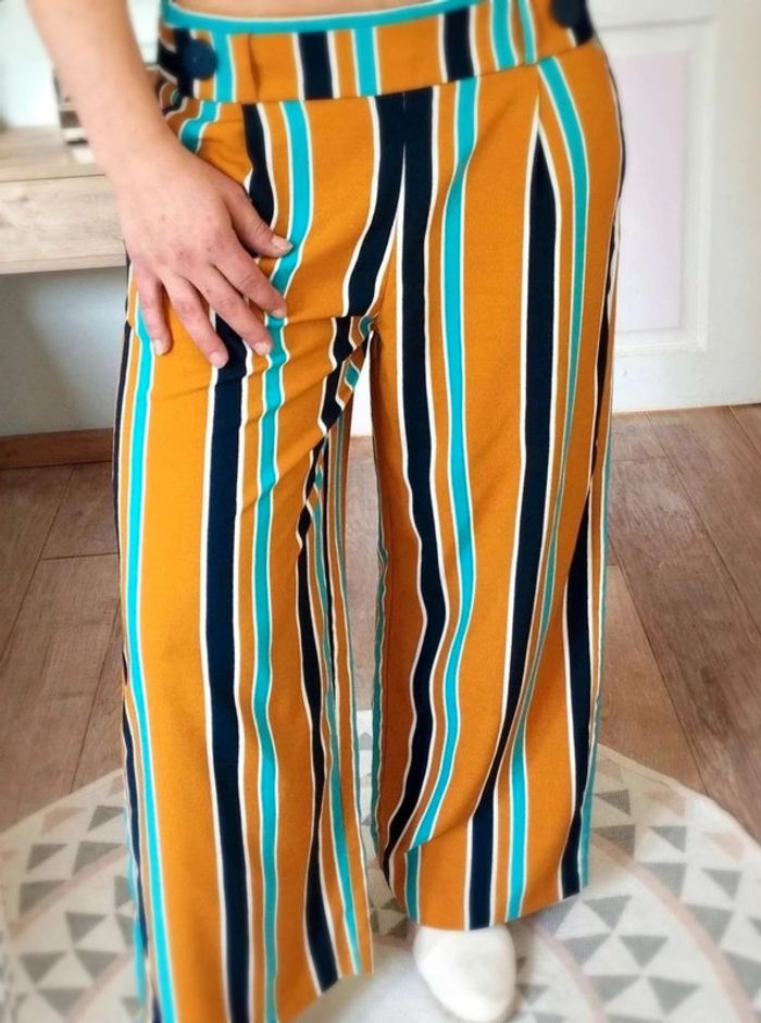 Pantalon fluide  bleu  marine  moutarde rayé  Zara XS Excellent état - photo numéro 3