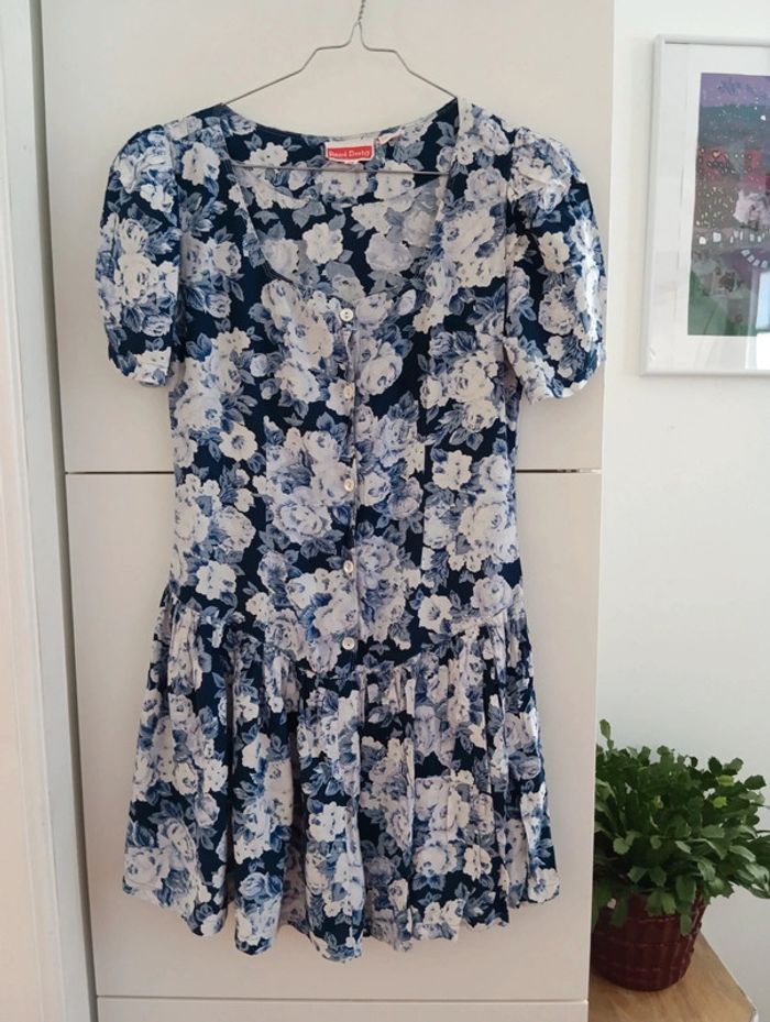 Robe courte vintage à fleurs blanc bleu René Derhy - photo numéro 2