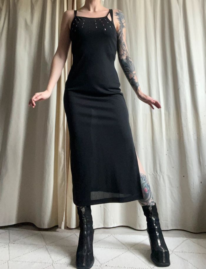 Robe longue fendue dos nu strass vintage Coquette Goth 90s - Taille S - photo numéro 2