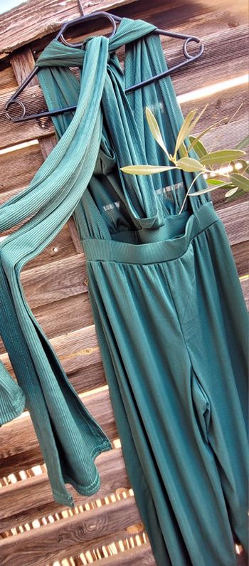 Magnifique combinaison Bohême Chic dos nu longue vert foncé nœud multi solutions taille M Neuf