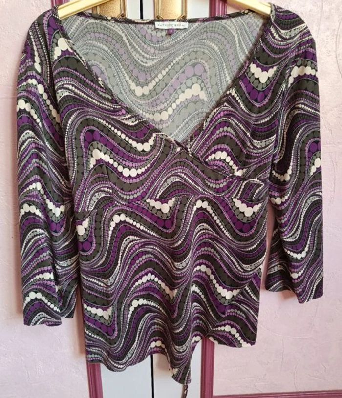 Haut noir imprimé violet gris Bréal T.3(40) - photo numéro 2