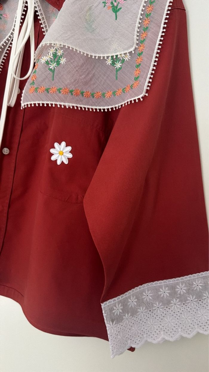 chemise coton fluide oversize rouge brique maxi col chic blanc brodé vintage - photo numéro 7