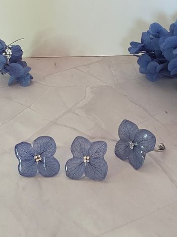 Coffret boucle d'oreille et bague hortensia bleu