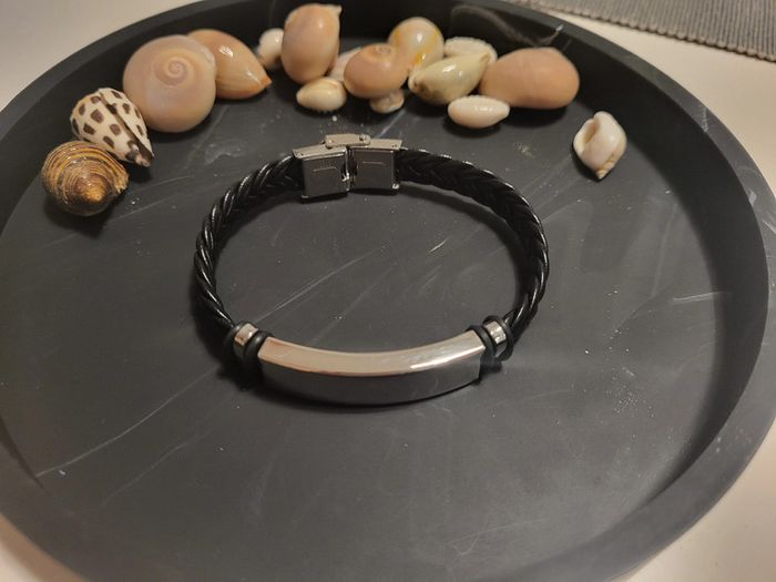 Bracelet homme 21 cm tressé cuir noir et acier inoxydable neuf - photo numéro 2