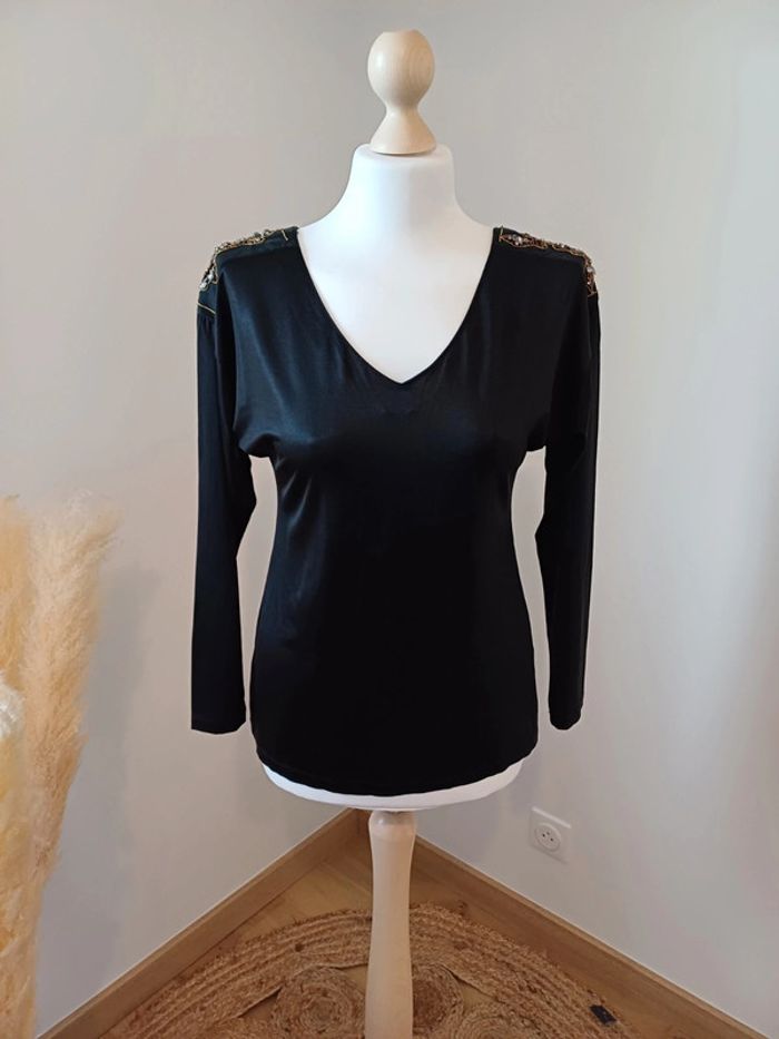 Blouse noire huilée avec perles Ipsos taille S 36 - photo numéro 2